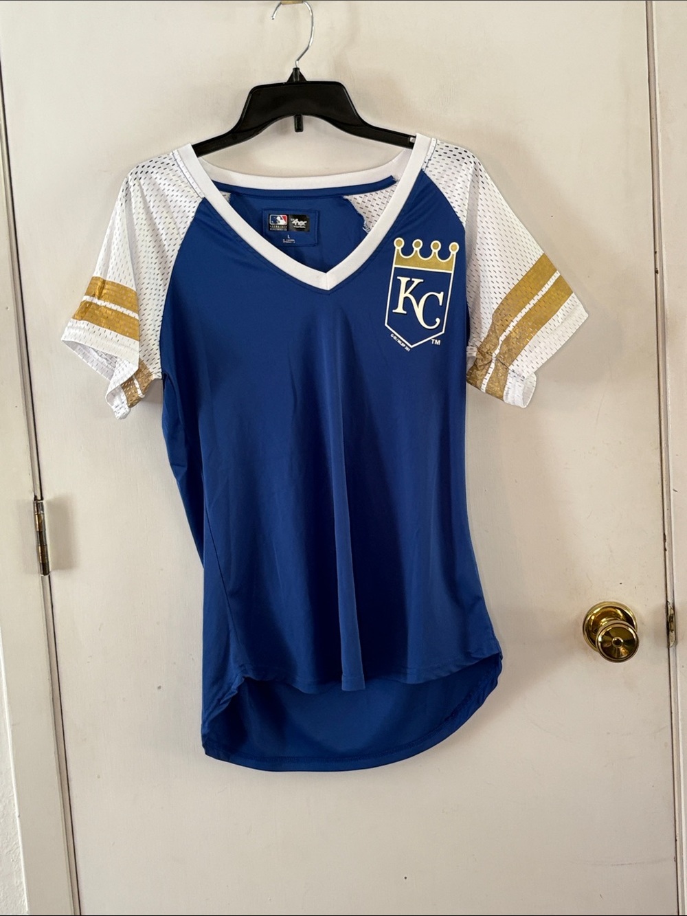 MLB Kansas City Royals blue v-neck top with mesh sleeves Size Large